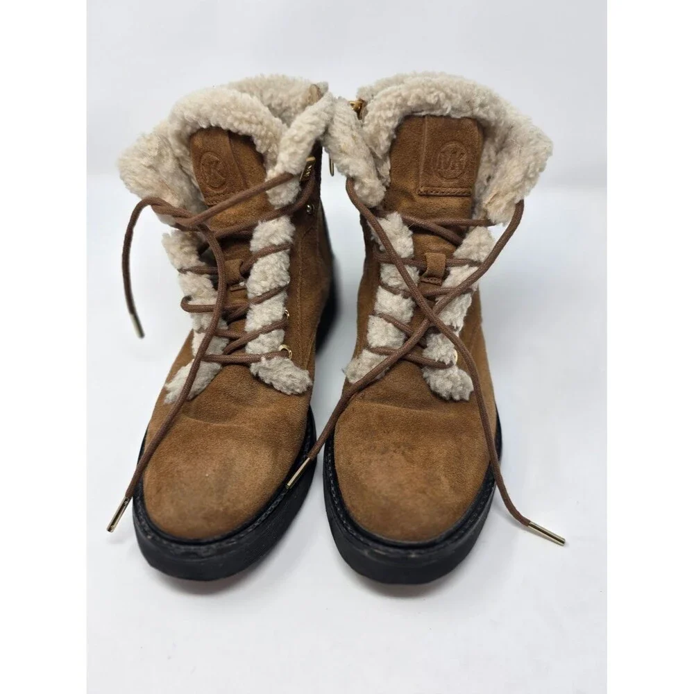 Michael Kors Brown Suede Shearling-Trim Lace-Up Ankle Boots